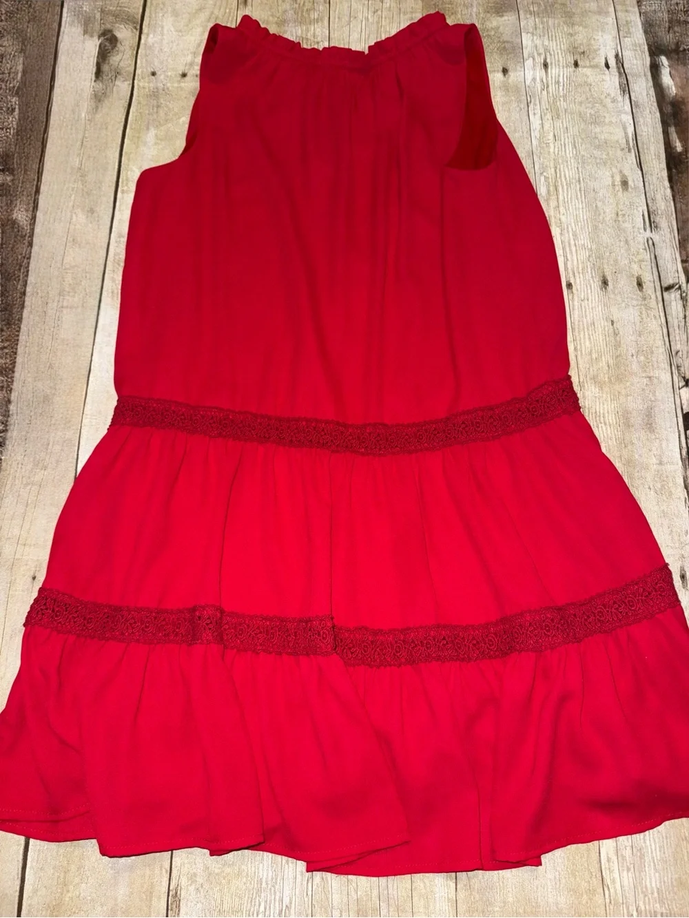 GB Girls Bright Red Tiered Dress with Lace Trim